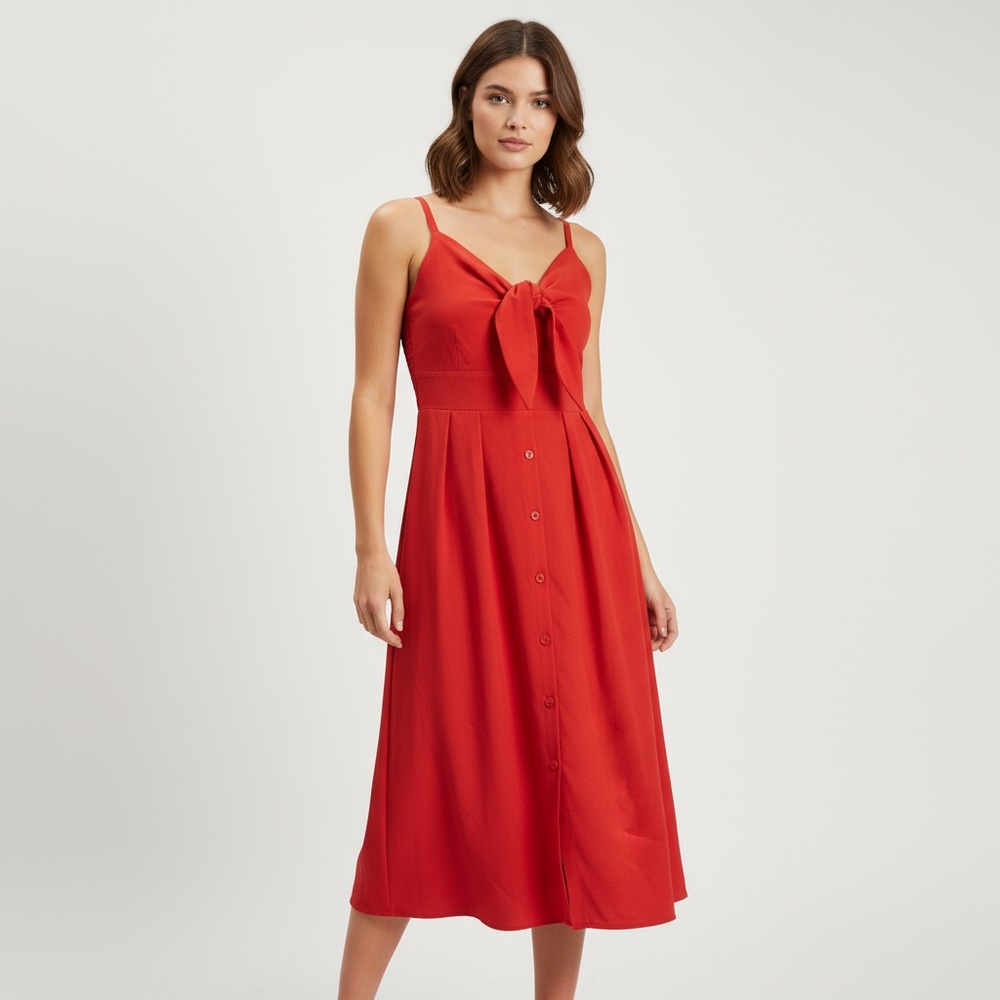 Kensie Red Bow Front Button Down Smocked Back A-Line Midi Dress Size 4